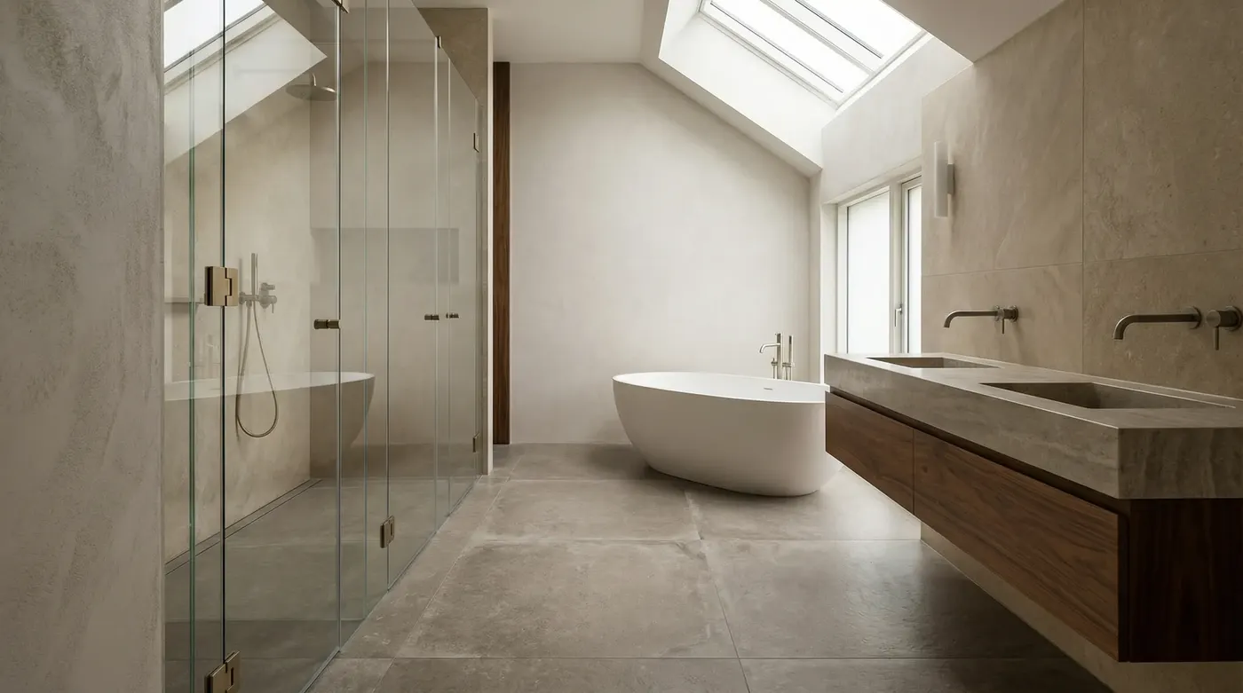 Architect's bathroom featuring large-format porcelain tile floor with matte non-slip finish, frameless shower, and warm tonal palette — demonstrating that wet-area flooring can be both technically com