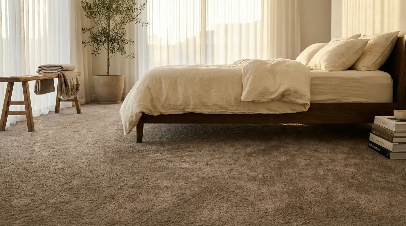 Sun-drenched master bedroom with deep taupe wool plush carpet, rumpled linen bedding in warm ivory, sheer curtains diffusing morning light — low-angle view emphasising the luxurious carpet texture and serene atmosphere