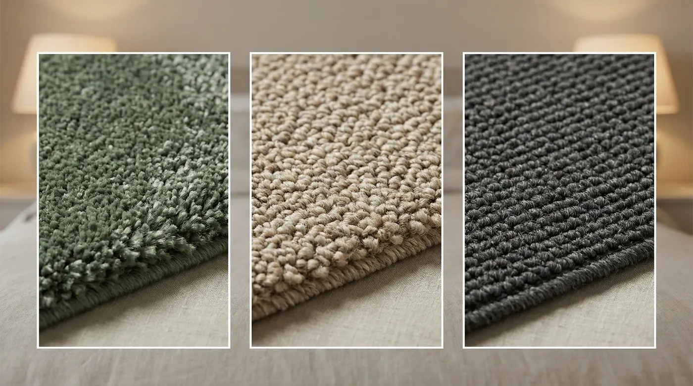 Triptych of bedroom carpet pile types — cut pile plush in deep sage green, cut pile twist in warm oatmeal, and wool loop in warm charcoal — each showing texture detail at macro scale with soft bedroom