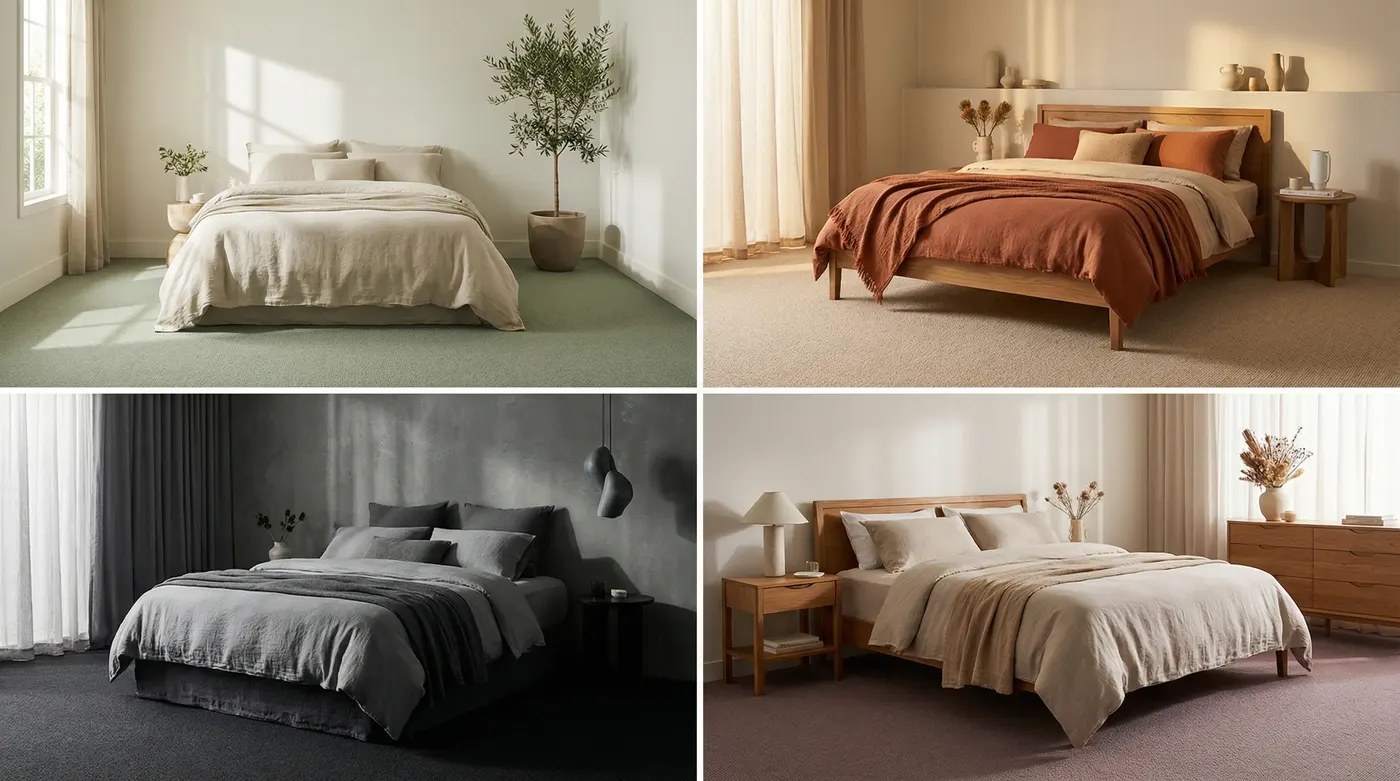 Four-panel bedroom colour study — soft sage wool carpet with warm white walls; warm oatmeal carpet with terracotta tones; deep charcoal carpet with layered grey bedding; dusty mauve carpet with natura