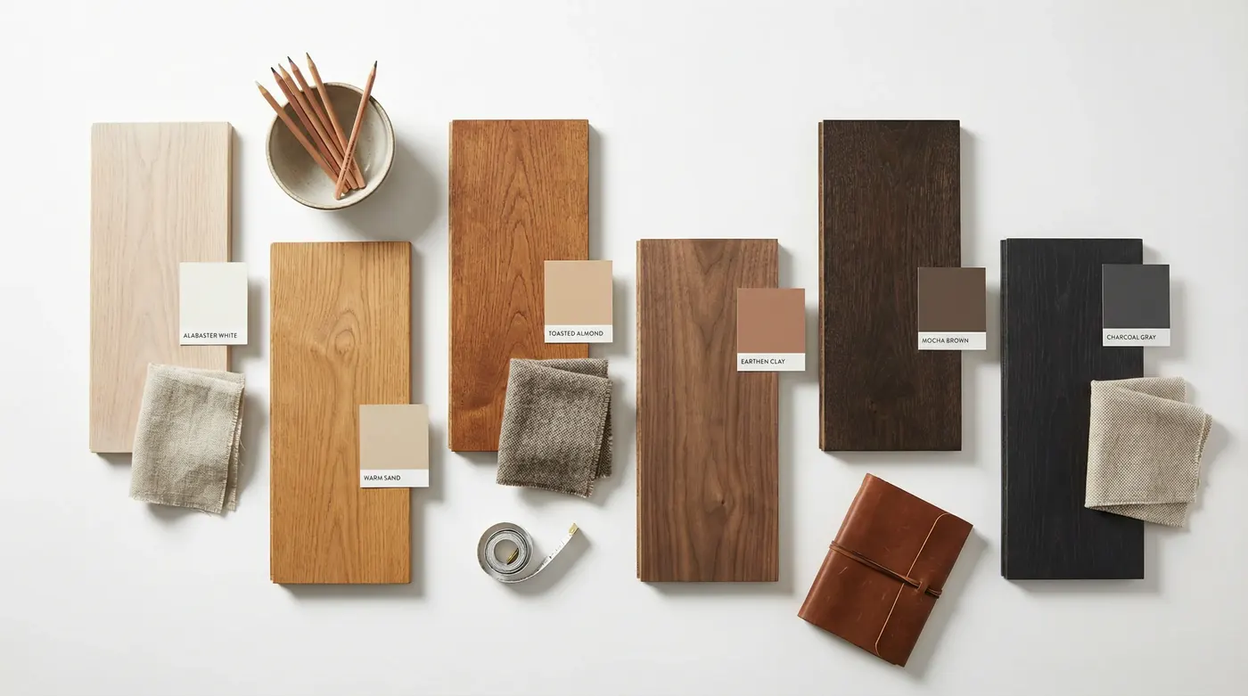 Aerial flat-lay of six timber flooring board samples arranged on a white surface, ranging from whitewashed blonde through honey caramel to espresso dark — each with a small paint chip and fabric swatc