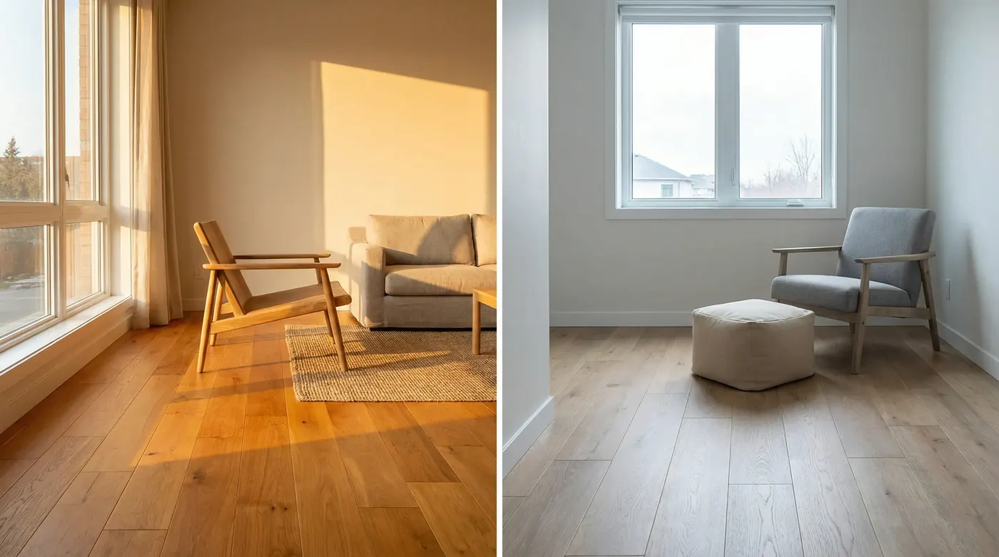 Diptych photograph of identical honey-toned engineered oak flooring in two rooms — the left room north-facing with warm afternoon light, the right room south-facing with cool diffuse daylight — demons