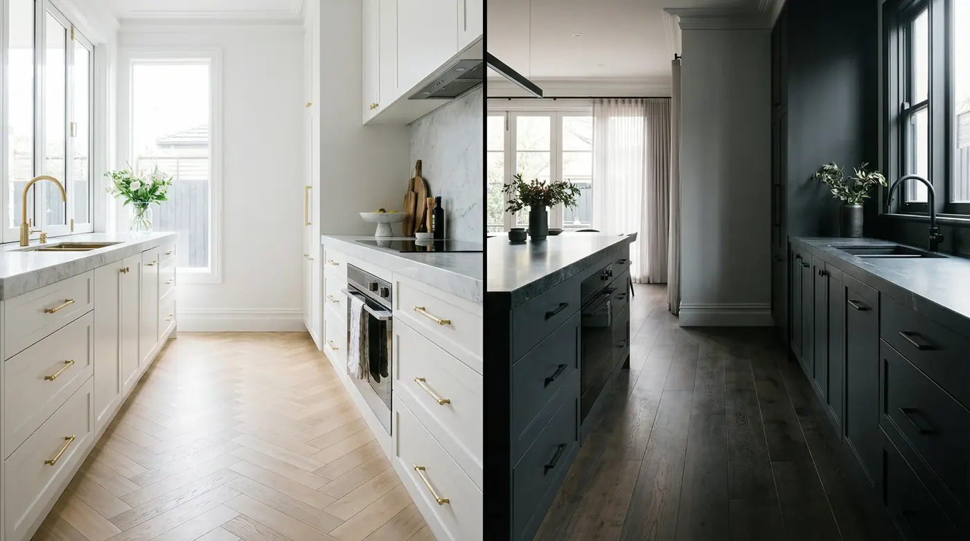 Split-image showing (left) a light European Oak herringbone floor with white shaker cabinetry and brass hardware, and (right) a smoked Oak straight-plank floor with deep charcoal cabinetry and matte b
