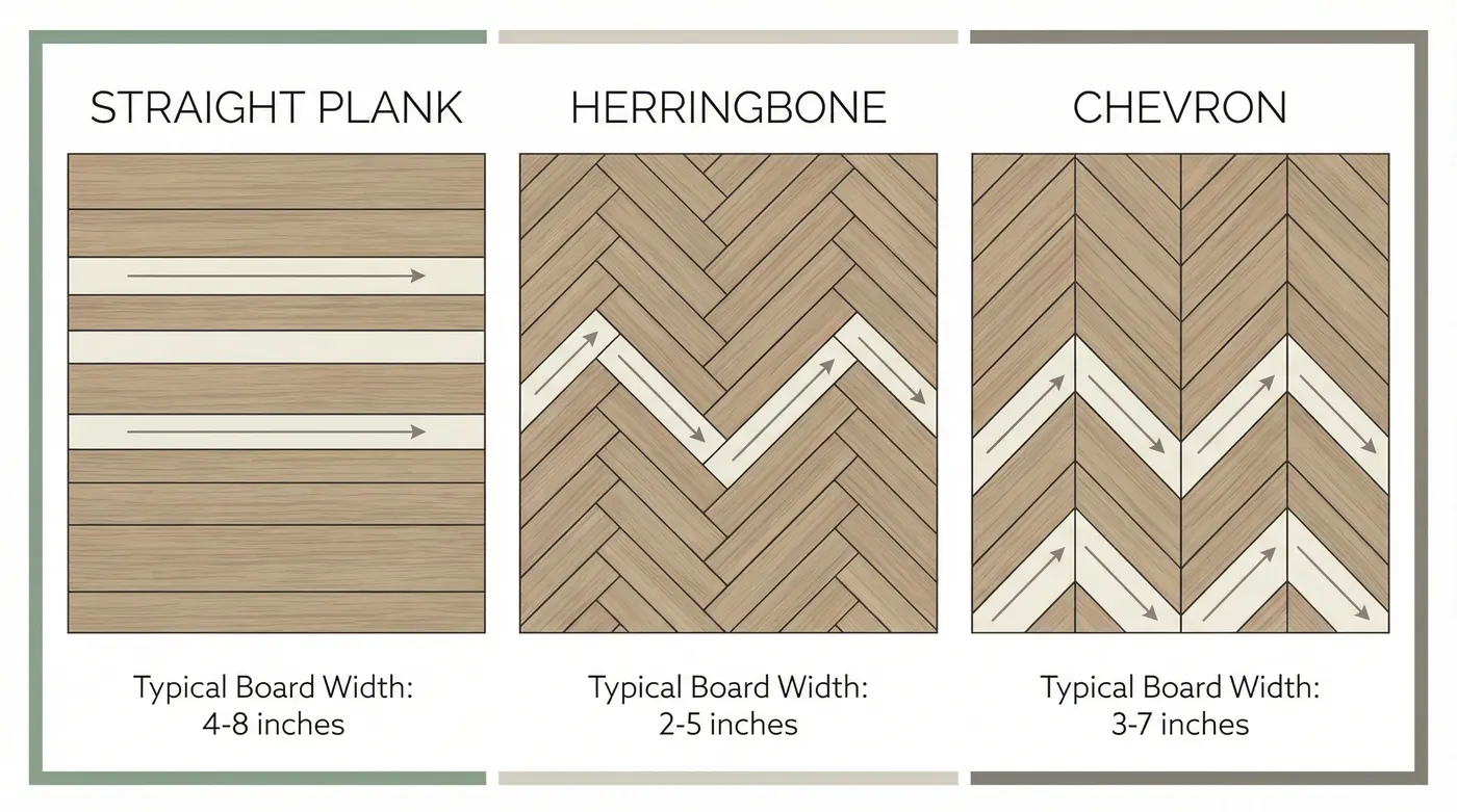 Side-by-side plan-view illustrations of straight plank, herringbone, and chevron laying patterns, with indication of visual direction arrows and typical board widths for each