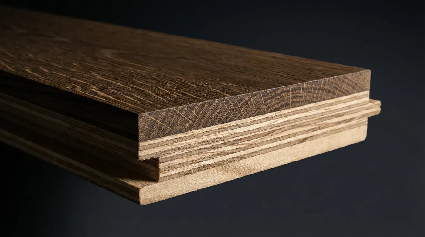 Premium engineered European Oak plank, end-grain detail shot clearly showing three construction layers — veneer, core, backing — with dramatic lighting to highlight grain