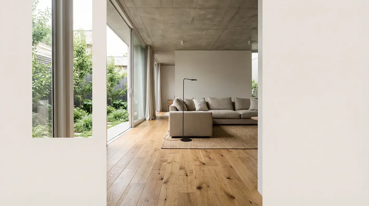Installed wide-plank European Oak engineered floor in a contemporary Melbourne home — living room, concrete ceiling, floor-to-ceiling glazing, showing boards in situ with natural light