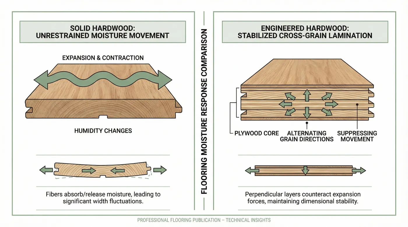 Side-by-side diagram showing solid hardwood moisture movement (expansion arrows across full board width) vs engineered hardwood cross-grain lamination suppressing movement — technical but visually cle