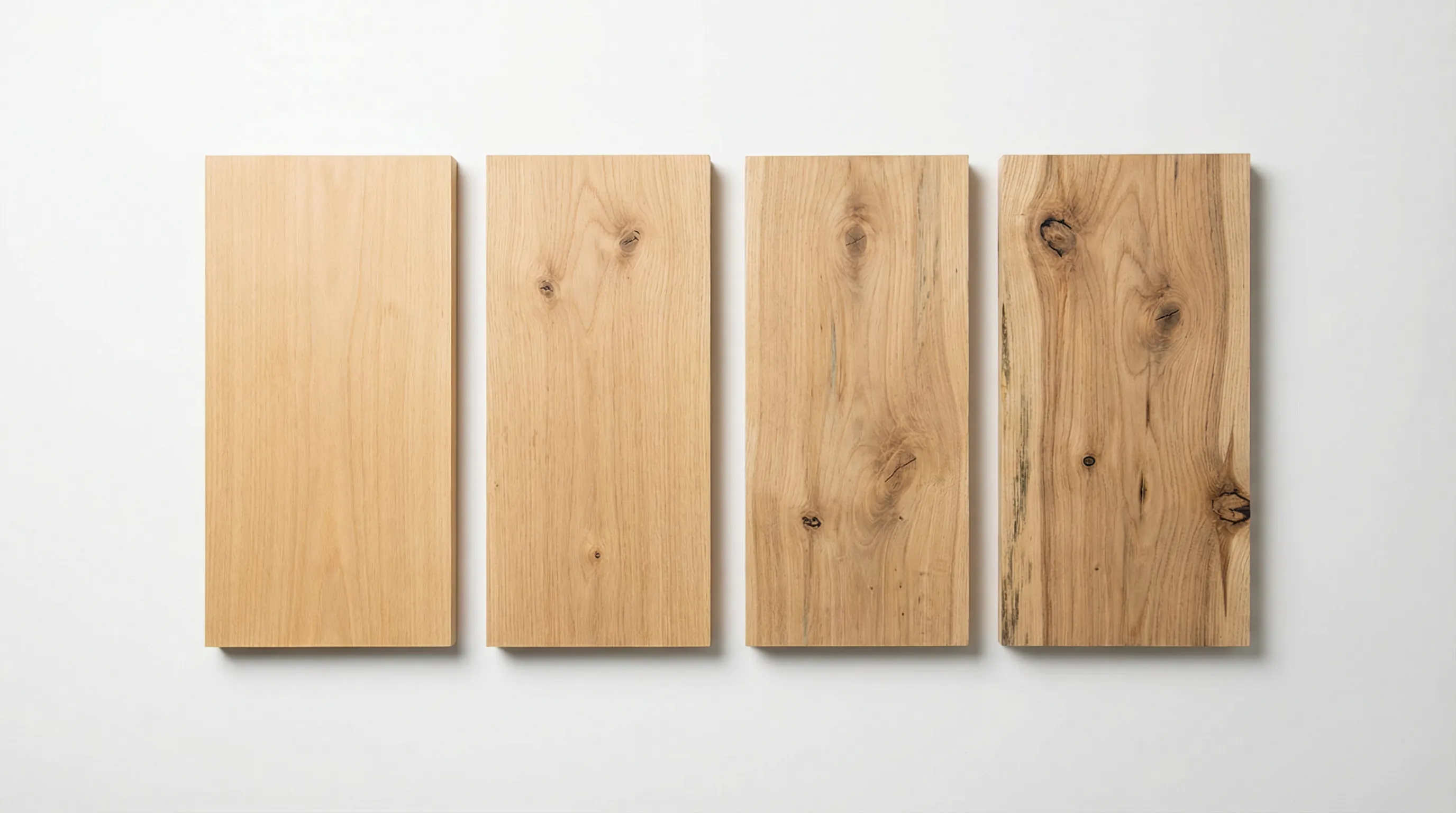 Four hardwood plank samples showing Prime, Select, Natural, and Feature grades side by side