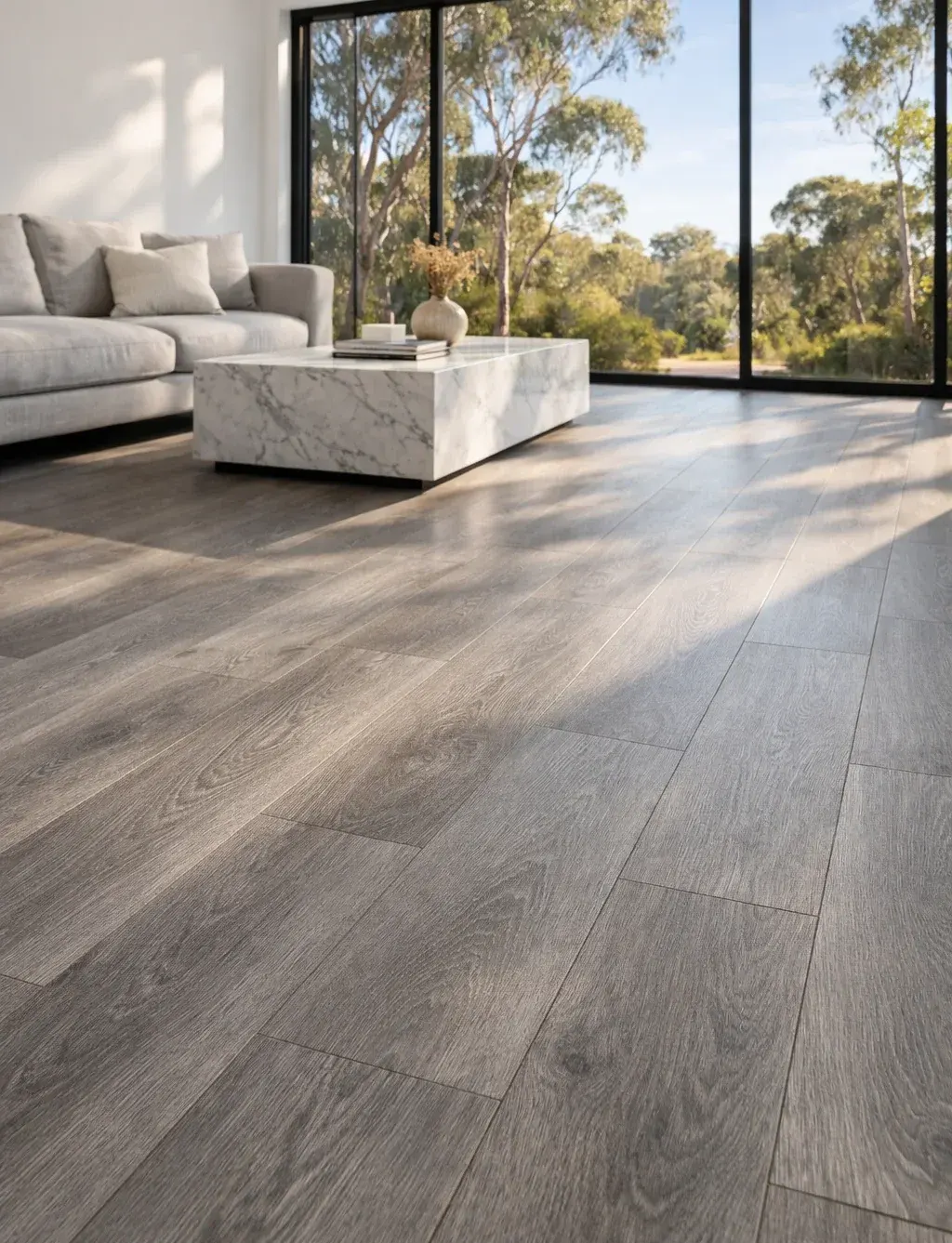 Contemporary Australian living room with cool grey hybrid SPC flooring, floor-to-ceiling windows with bush views
