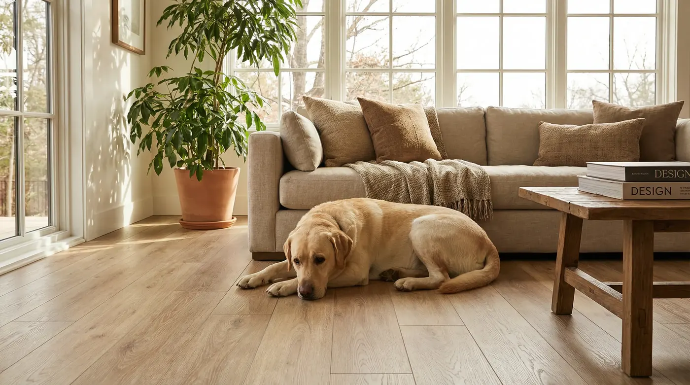 A well-styled living room featuring a large Labrador resting on light oak hybrid plank flooring — warm, realistic, lifestyle shot
