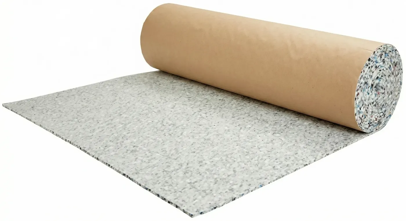 A roll of foam carpet underlay partially unrolled on a floor