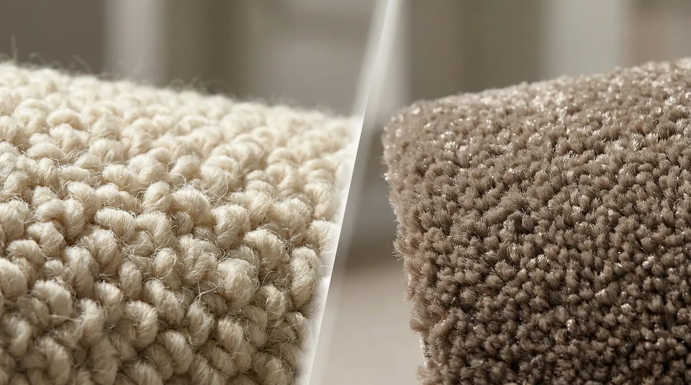Side-by-side close-up detail of wool loop pile carpet and solution-dyed nylon cut pile carpet — showing the textural difference, pile depth, and lustre contrast between the two fibre types