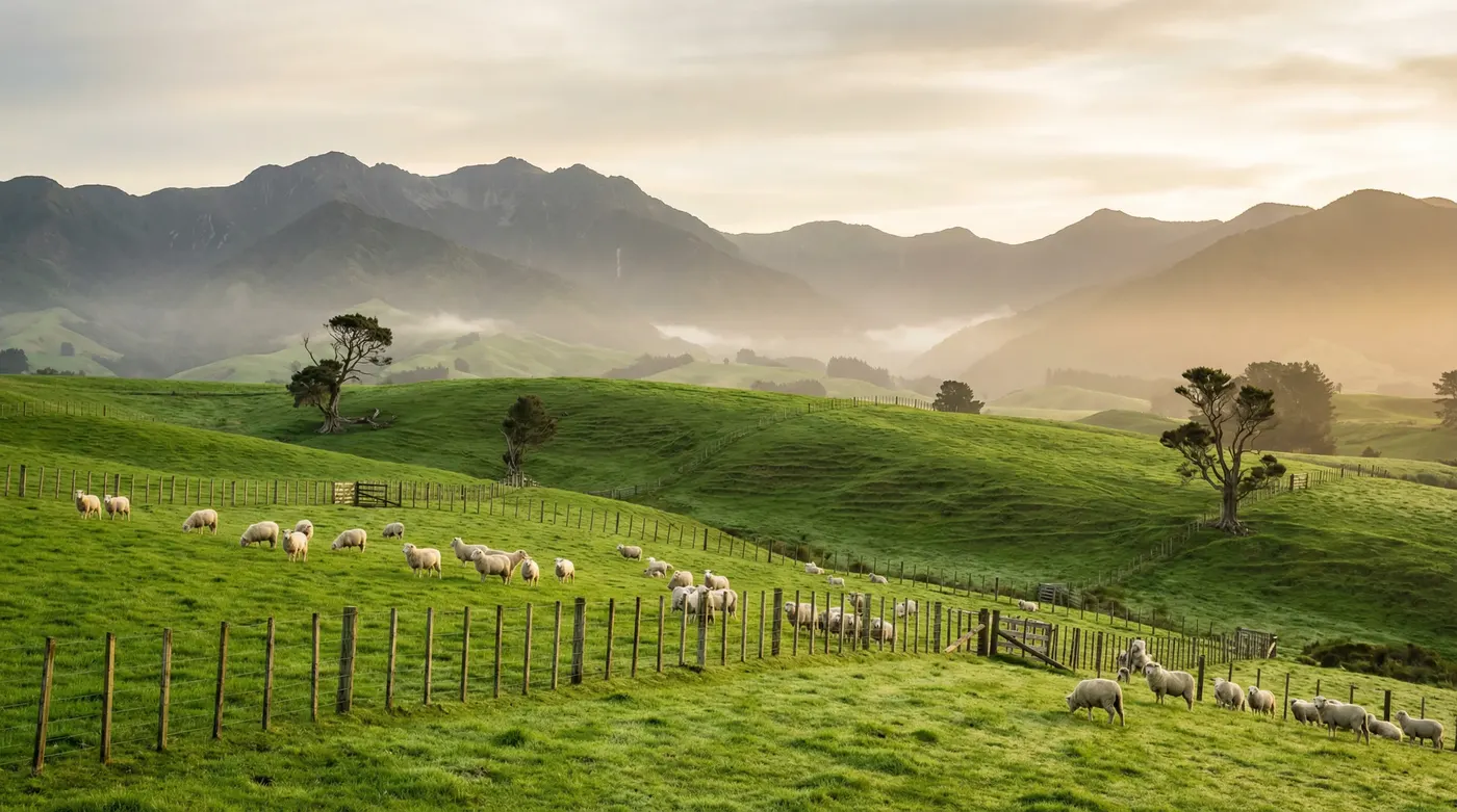 Pastoral New Zealand sheep farm landscape — the origin story of premium NZ wool carpet, connecting the fibre to its renewable, natural source