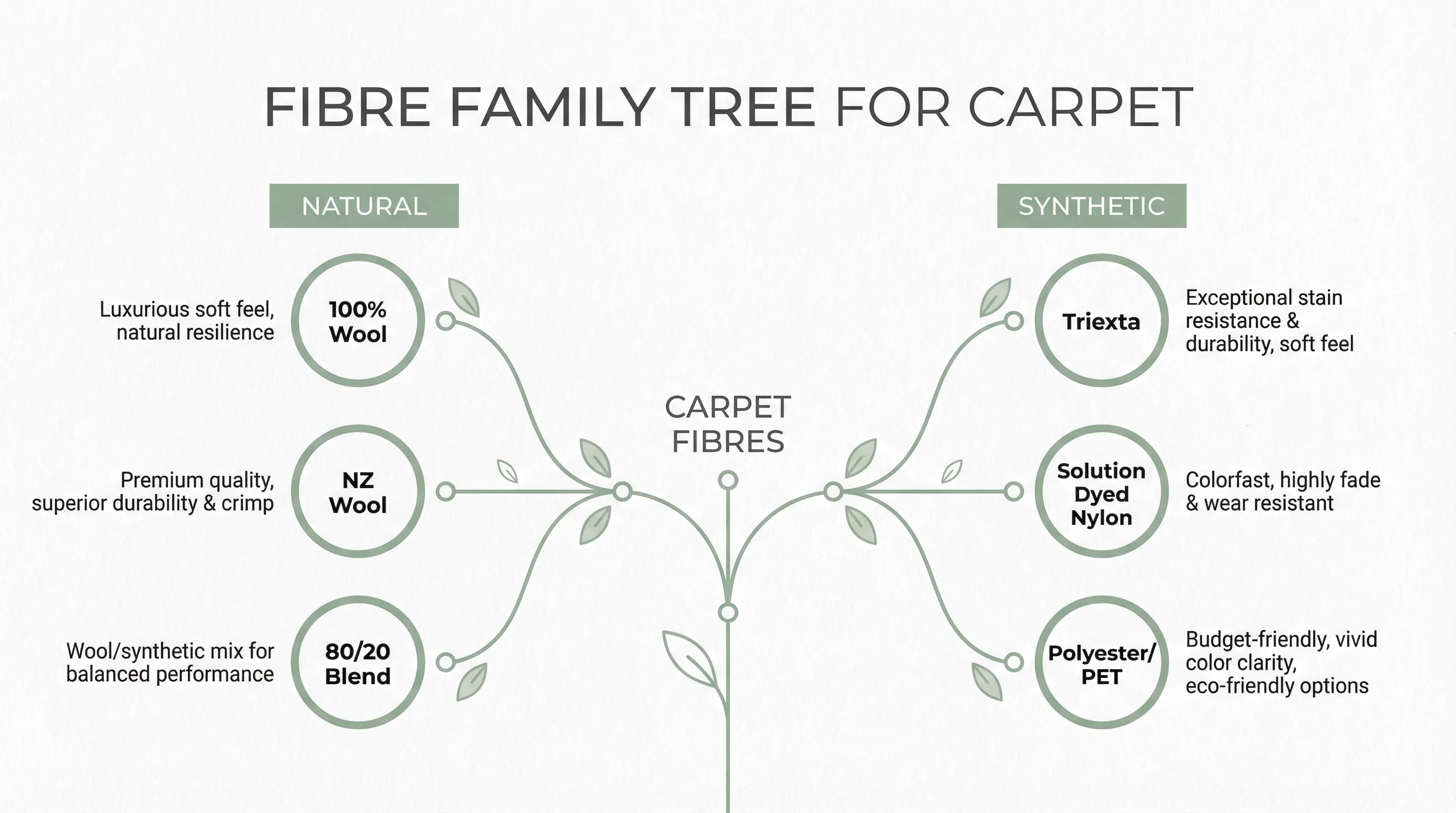 Fibre family tree — branching diagram showing Natural (100% Wool, NZ Wool, 80/20 Blend) and Synthetic (Triexta, SDN, Polyester/PET) with brief descriptors for each