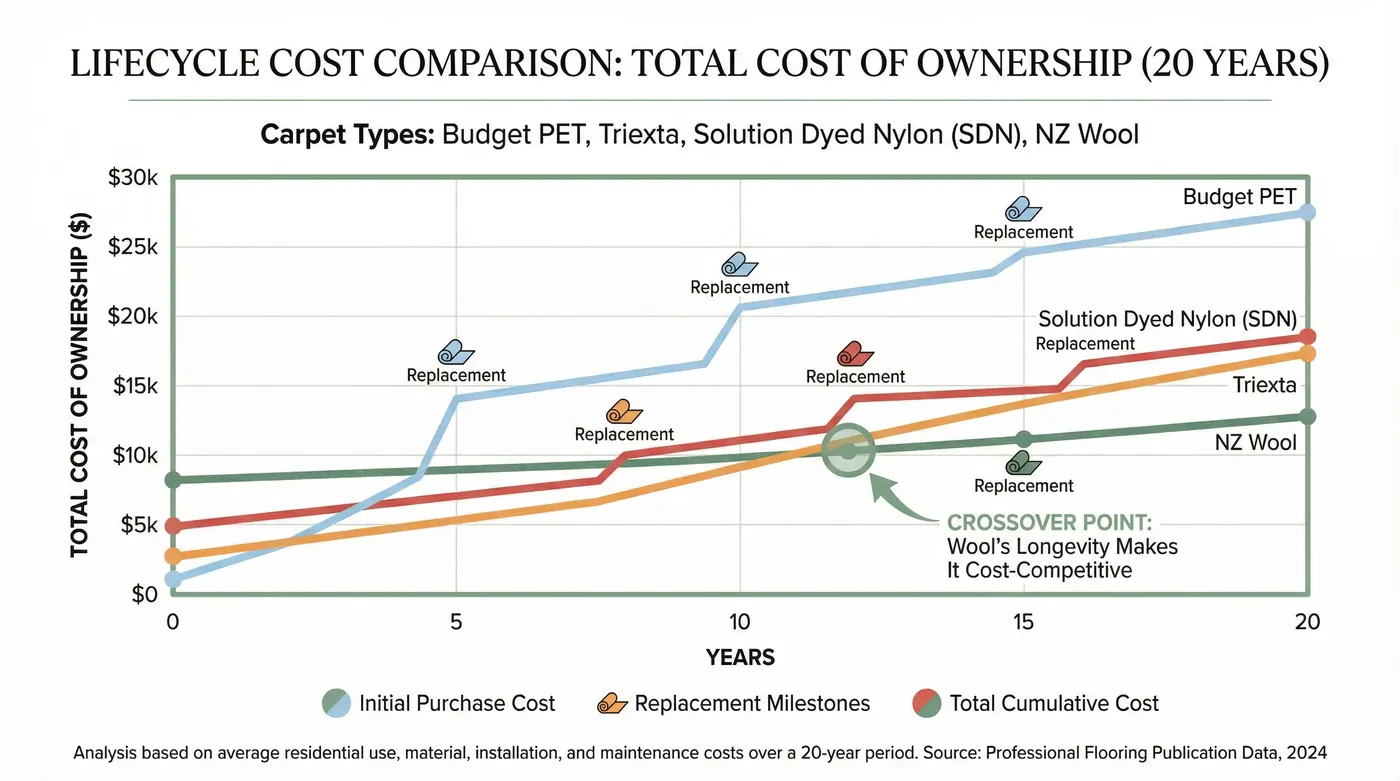 Lifecycle cost comparison chart — total cost of ownership over 20 years for budget PET, Triexta, SDN, and NZ Wool, showing crossover point where wool's longevity makes it cost-competitive