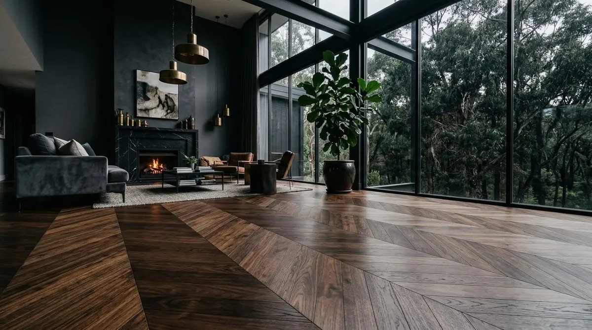 Dark contemporary living room with herringbone timber flooring, fireplace, and floor-to-ceiling windows overlooking bushland